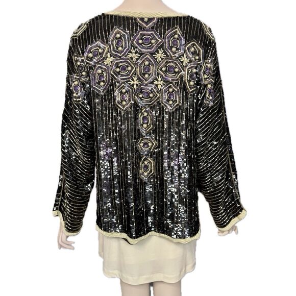 Vtg Oleg Cassini Sparkly Beaded Sequin Jacket Embellished Pearls Open Front Sz L - Picture 4 of 16